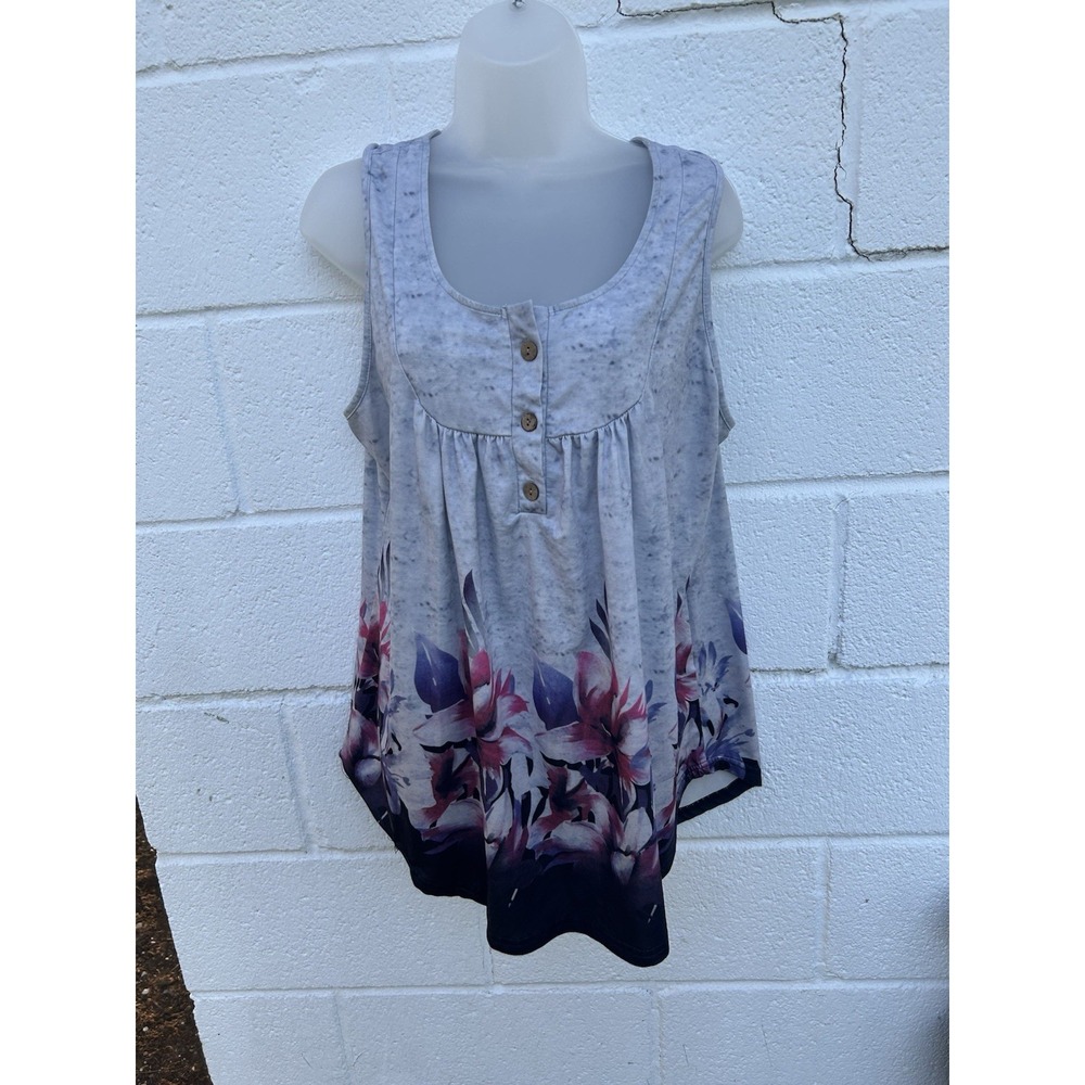 Halife Shirt Women's XL Grey Floral Trim Sleeveless Stretch Blouse Cotton Soft